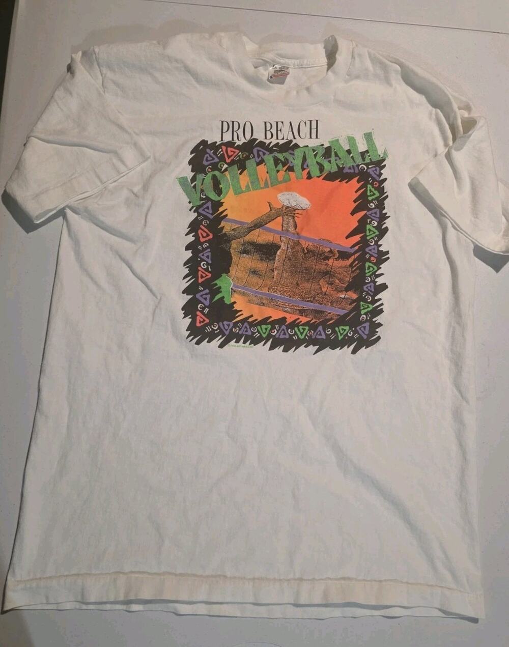 Vintage 90s Pro Beach Volleyball T Shirt XL Made USA Neon Graphic White